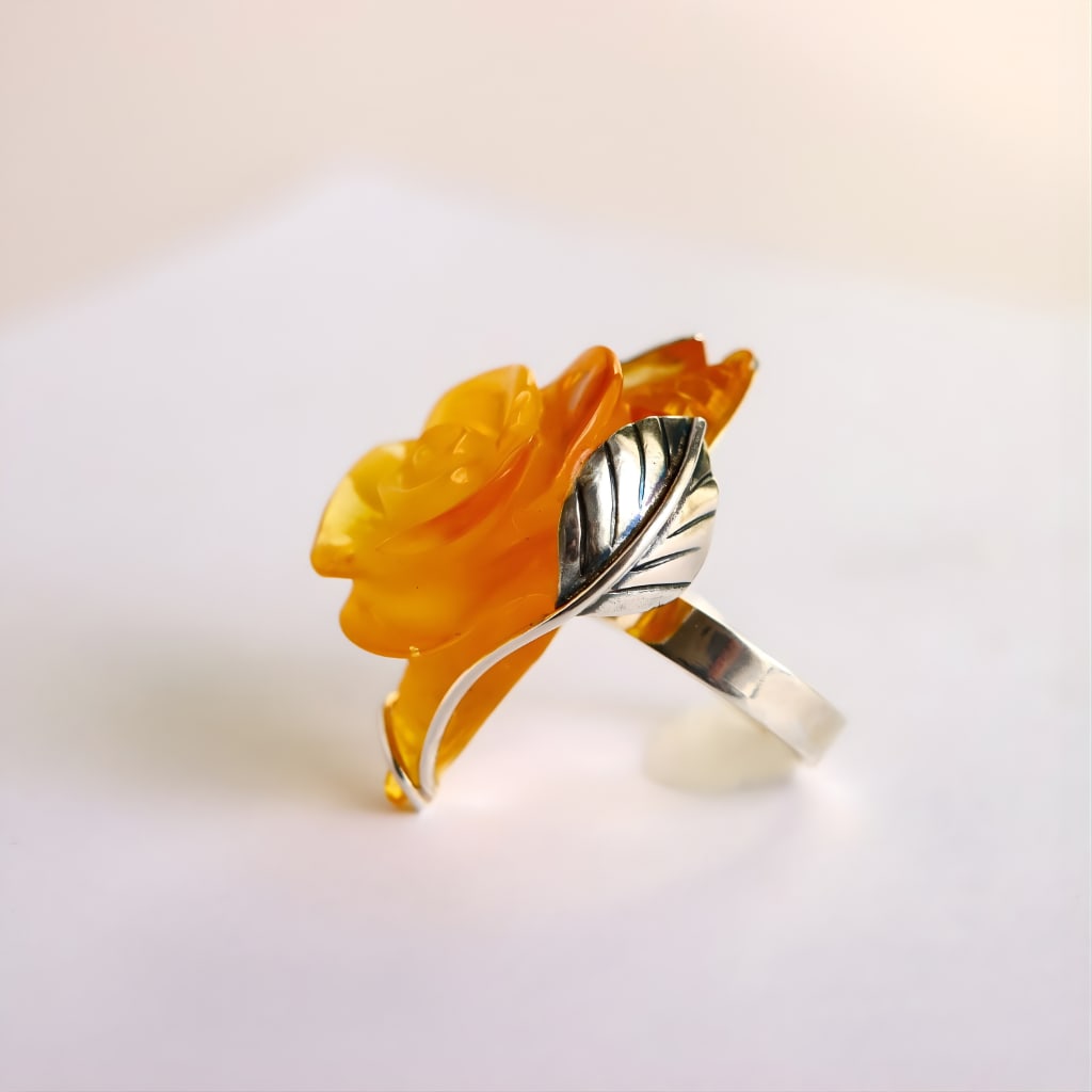 Lemon Amber Rose Ring in Sterling Silver- Handmade - 5