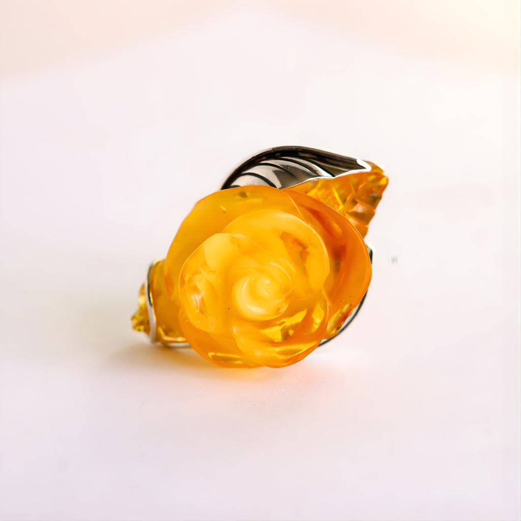 Lemon Amber Rose Ring in Sterling Silver- Handmade - 6