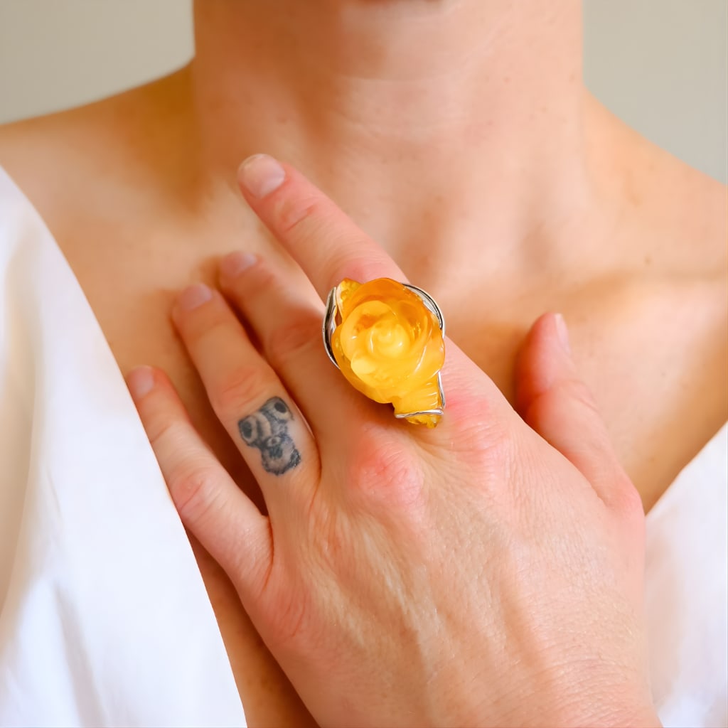 Lemon Amber Rose Ring in Sterling Silver- Handmade - 7