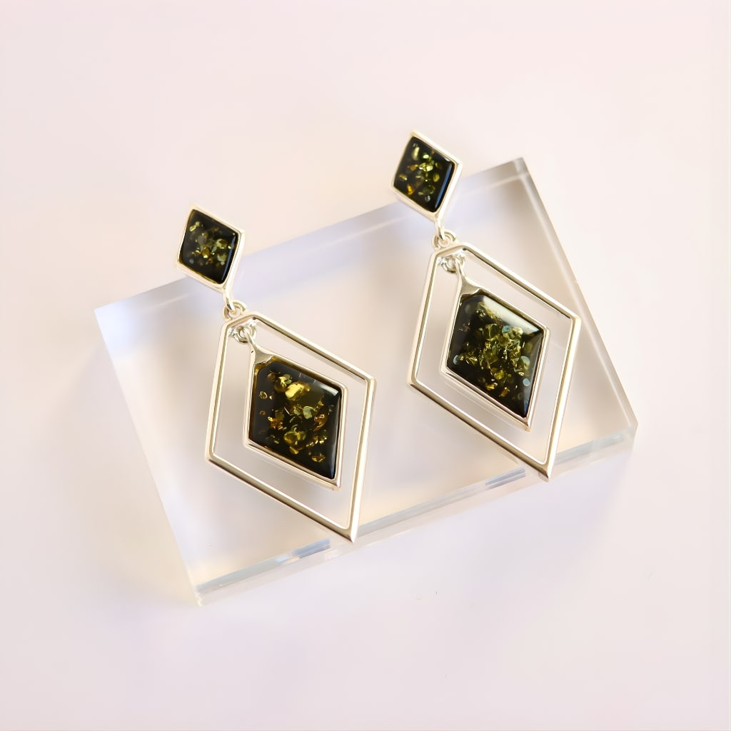 Baltic Green Amber Statement Earrings in Sterling Silver - 2