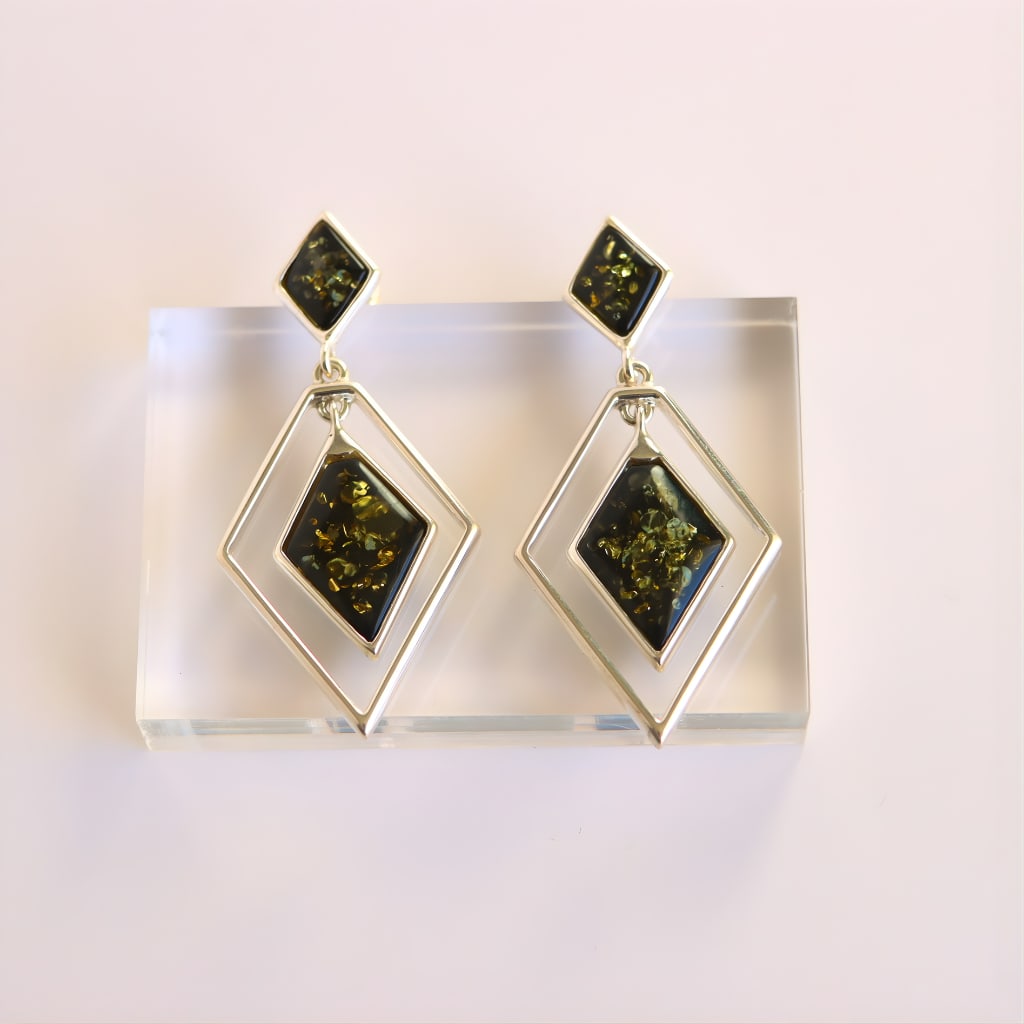 Baltic Green Amber Statement Earrings in Sterling Silver - 3