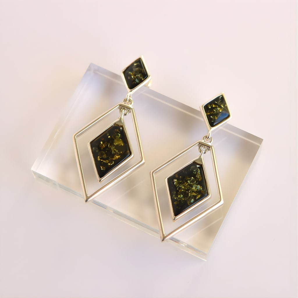Baltic Green Amber Statement Earrings in Sterling Silver - 4
