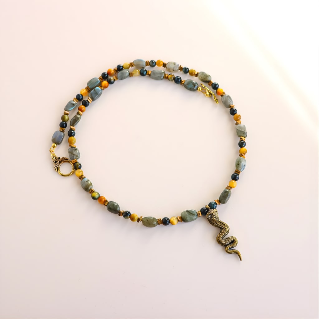 Labradorite Beaded Necklace with Brass Cobra Snake - 2