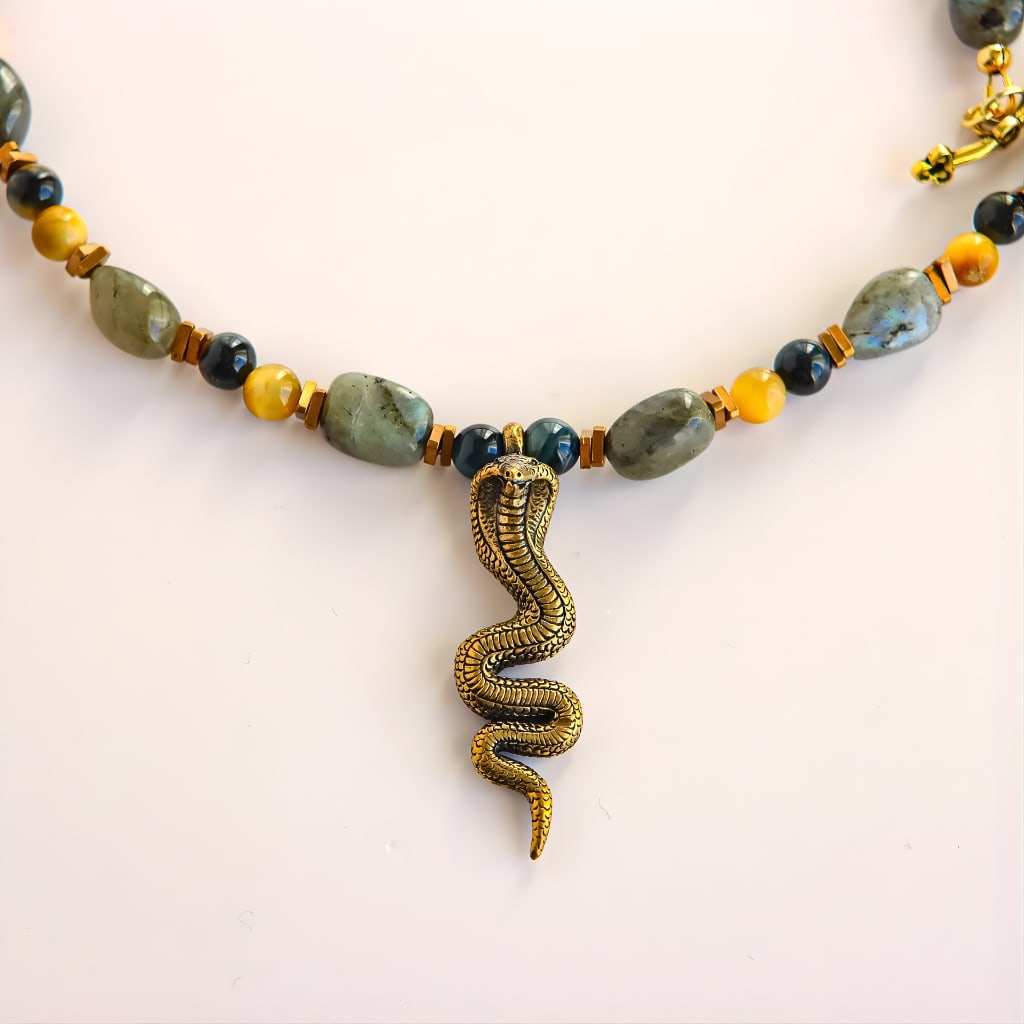 Labradorite Beaded Necklace with Brass Cobra Snake - 3