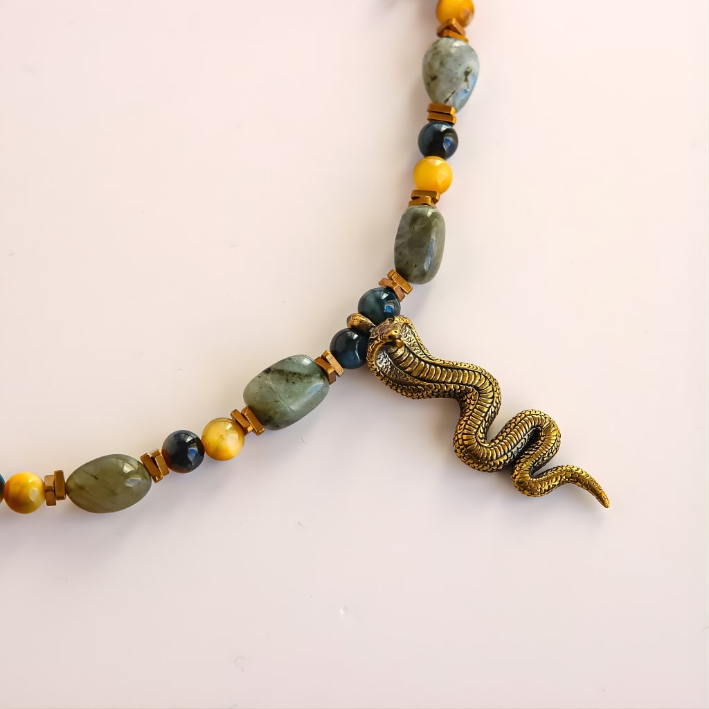 Labradorite Beaded Necklace with Brass Cobra Snake - 4