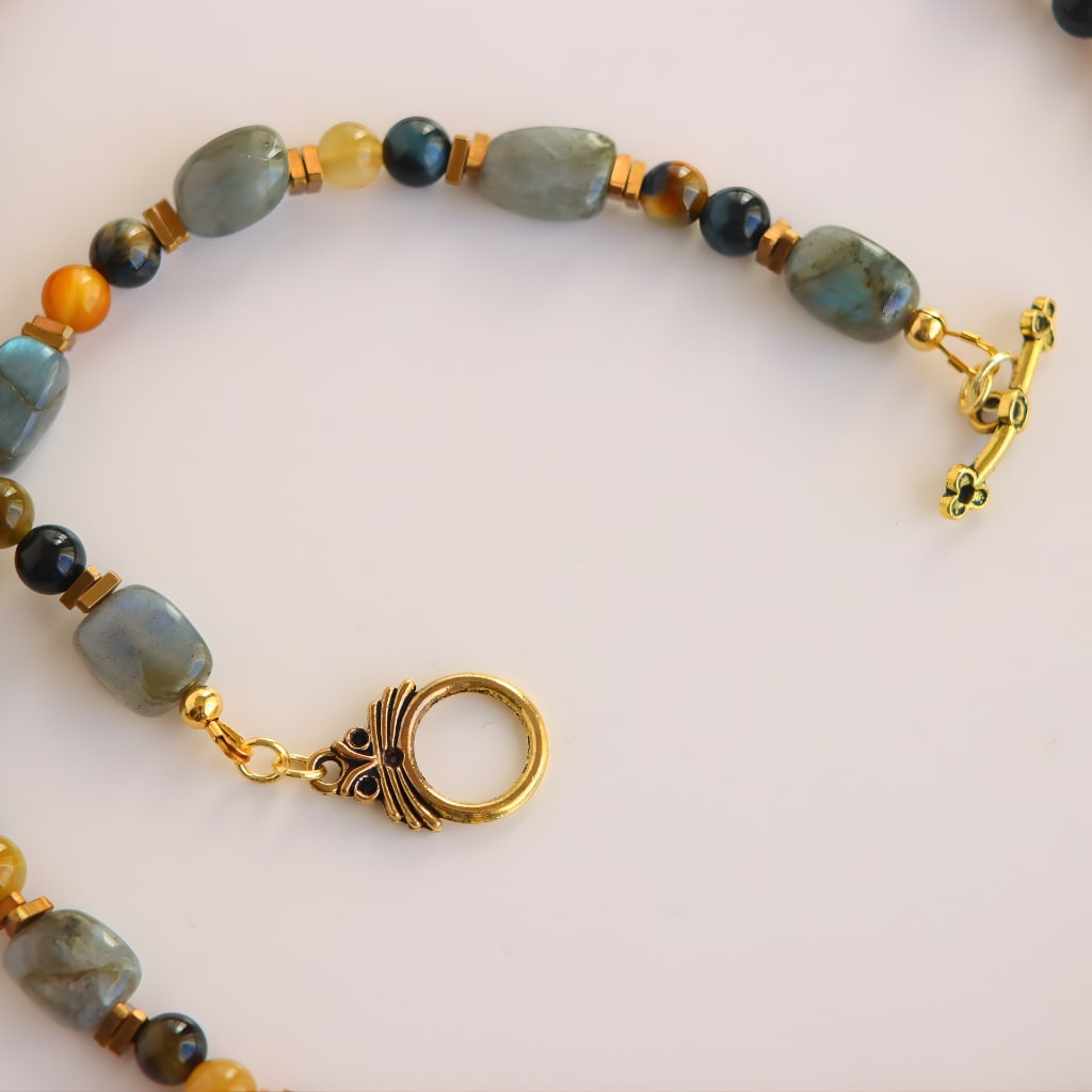 Labradorite Beaded Necklace with Brass Cobra Snake - 6