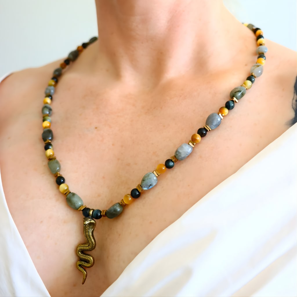 Labradorite Beaded Necklace with Brass Cobra Snake - 8