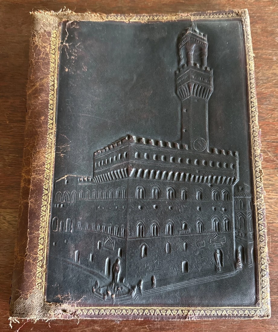Antique Embossed Leather Bible/Book Cover Hand Tooled Castle/Floral Themes: Title: Antique Embossed Leather Bible/Book Cover Hand Tooled Castle/Floral Themes Description: This Antique Embossed Leather Bible/Book Cover features a hand-tooled design of a castle-like building wi