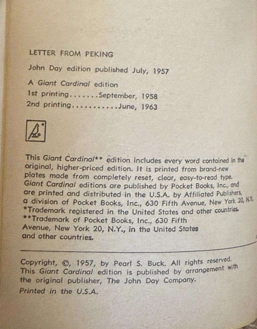 Letter From Peking By PEARL S. BUCK PB 1962 1st Ed/2ND Giant Cardinal Ed VGood - 3