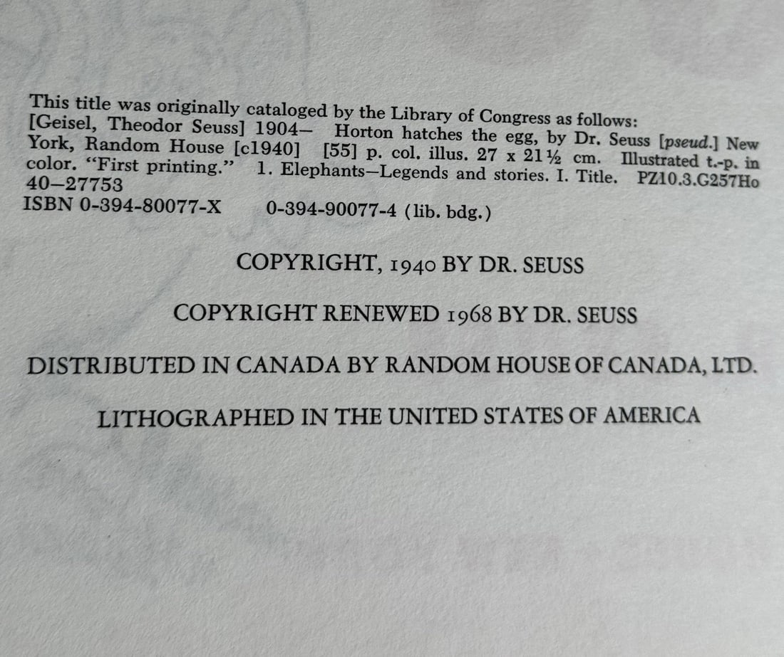 Dr. Seuss Horton Hatches the Egg 1968 HC Random House 1940 Reprint Ed. Good Cond - 3
