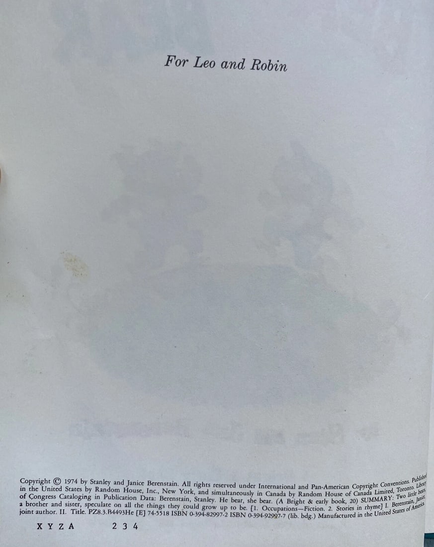 1974 Berenstain Bears He Bear She Bear 1st Ed Grolier Book Club HC Very Good - 2