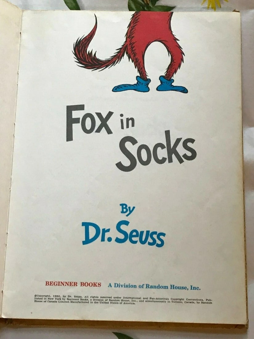VTG Dr. Seuss Book 1965 Beginner Books Fox in Socks Board Books Large Type 1st - 5