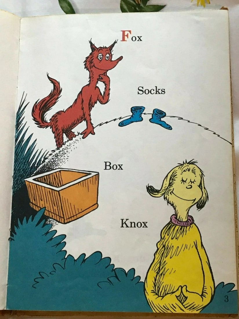 VTG Dr. Seuss Book 1965 Beginner Books Fox in Socks Board Books Large Type 1st - 6