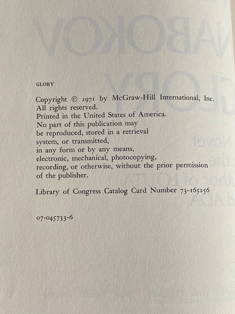 Glory by Vladimir Nabokov 1971 First American Edition HC/DJ McGraw HillVery Good - 10