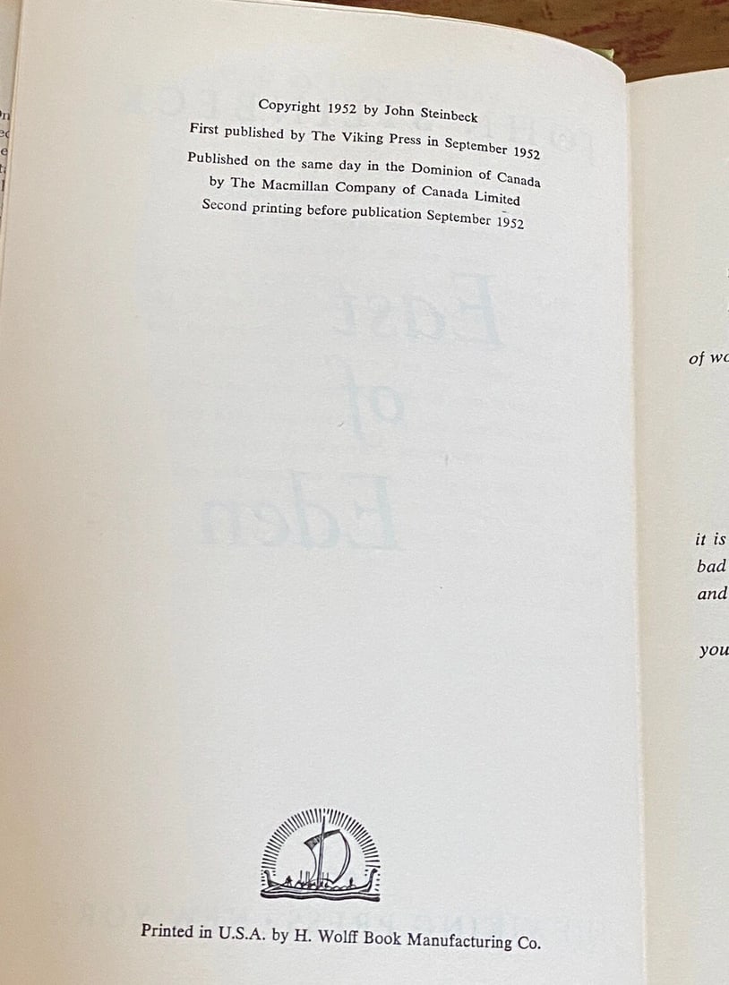 EAST OF EDEN John Steinbeck 1ST ED. 2nd PRE Publication Print HC/DJ Viking 1952 - 3