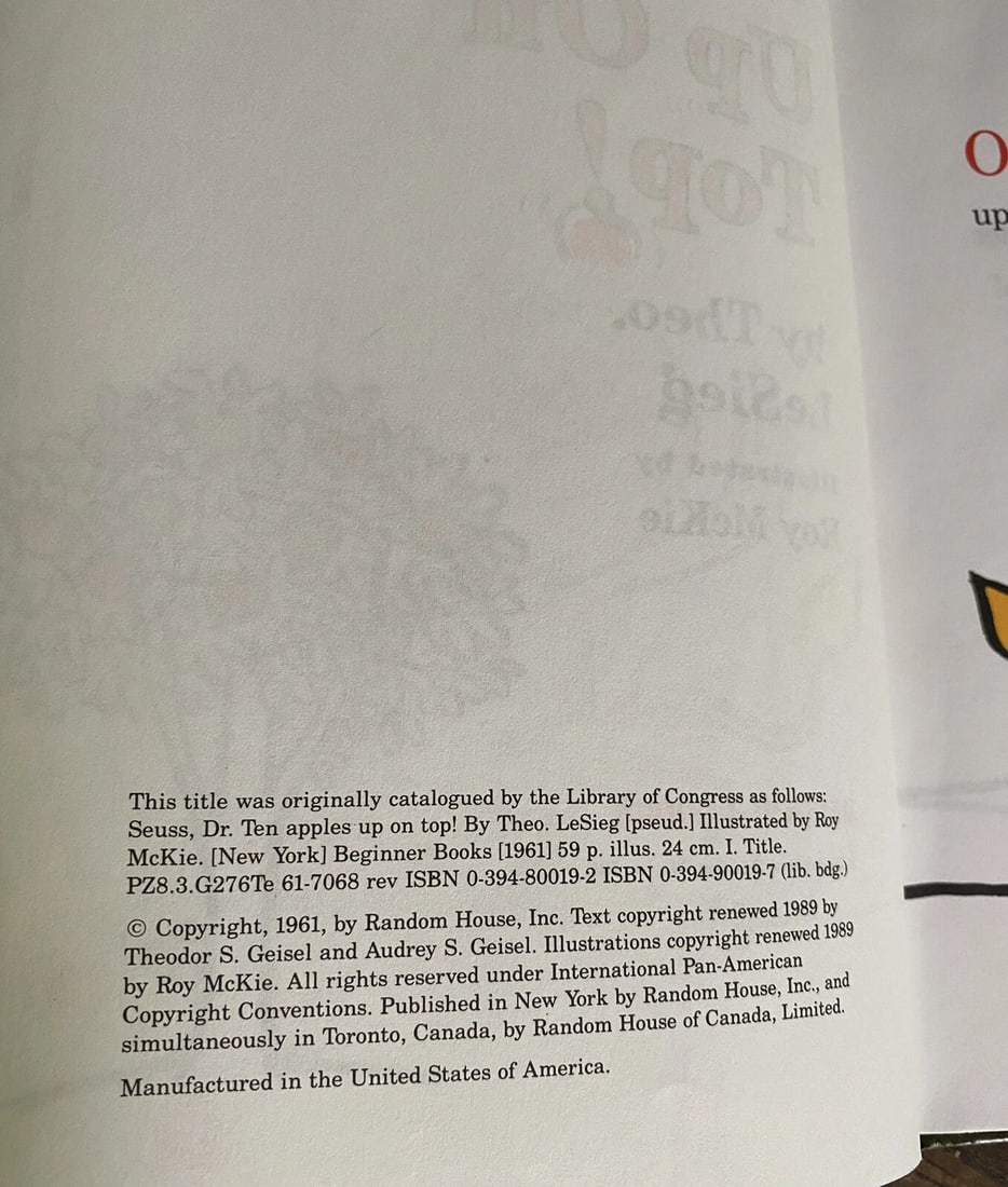 Ten Apples Up on Top!Theo LeSieg aka Dr. Seuss HC 1961/1989 BeginnerBooks NOT BC - 3