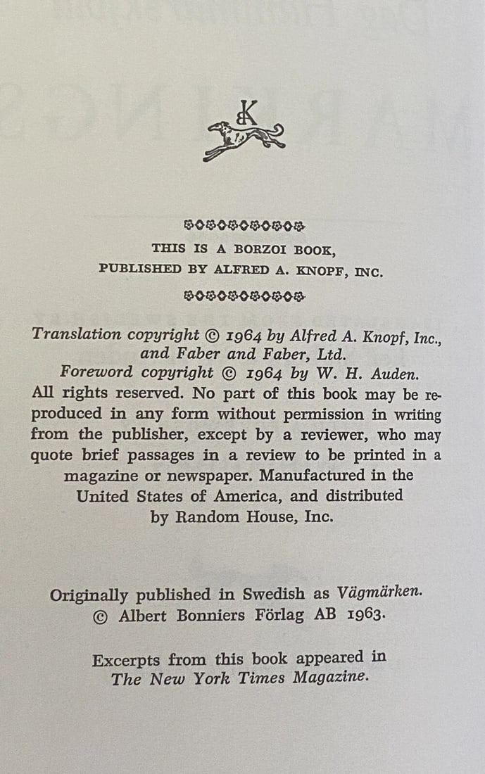 Hammarskjold, Dag MARKINGS Book Club Edition Hard Cover Dust Jacket - 3
