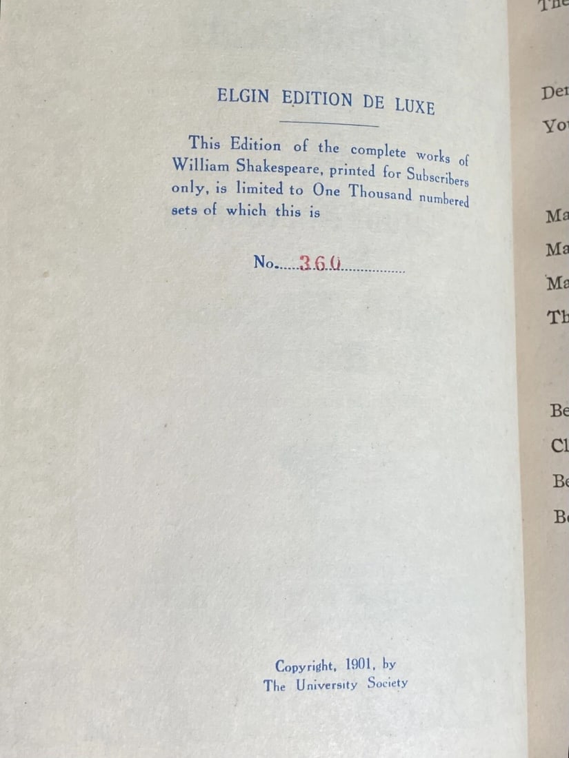 Shakespeare’s Works Elgin Ed. Deluxe Vol. III #306/1000 Much Ado, Pericles 1901 - 6