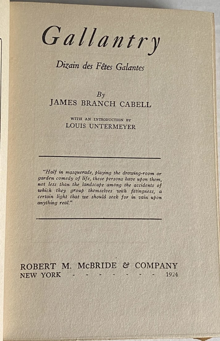 GALLANTRY by James Branch Cabell 1924 2nd Ed. Robert McBride HC VGood - 2