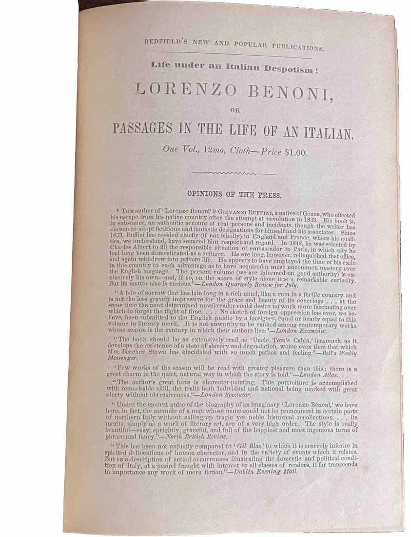 Lorenzo Benoni: Or, Passages in the Life of an Italian-Friend, 1853 Redfield:NY - 4