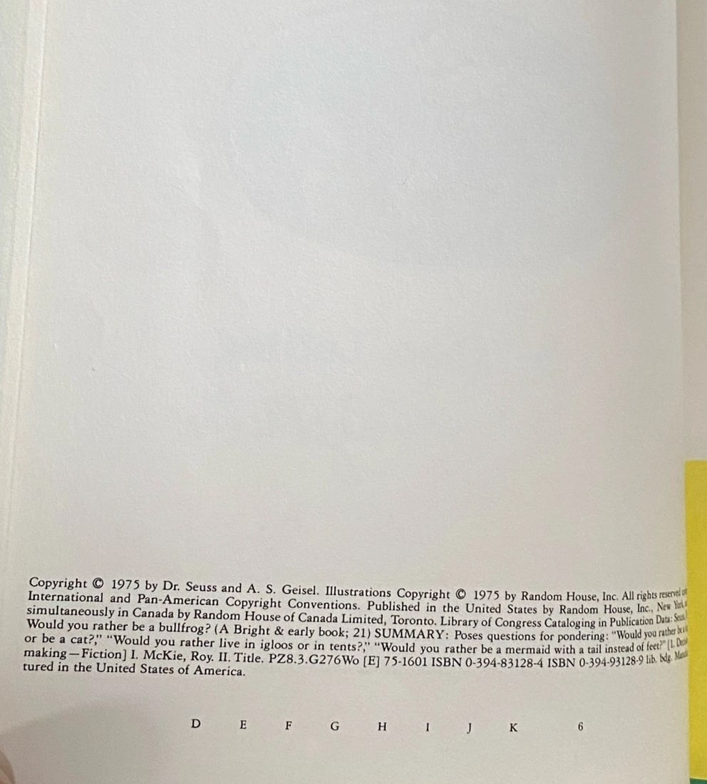 Would You Rather Be a Bullfrog? 1975 1st Edition Book Club Dr Seuss Theo. LeSieg - 3