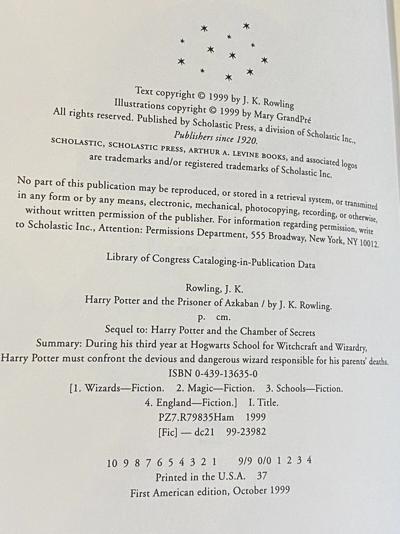Harry Potter and the Prisoner of AzkabanJ. K. Rowling HC/DJ 1stAmer/1st 3 Errors - 3