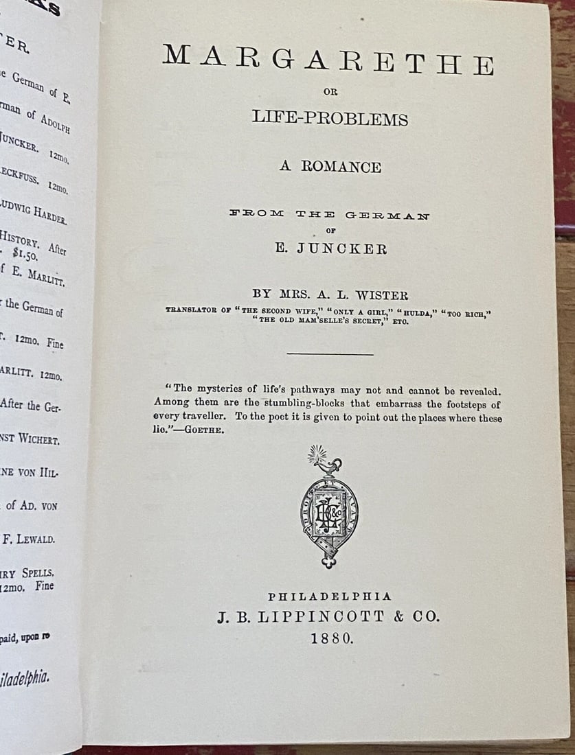 Mrs. A.L. Wister J.B. Lippincott 1880 MARGARETHE OR LIFE PROBLEMS HC Very Good - 3