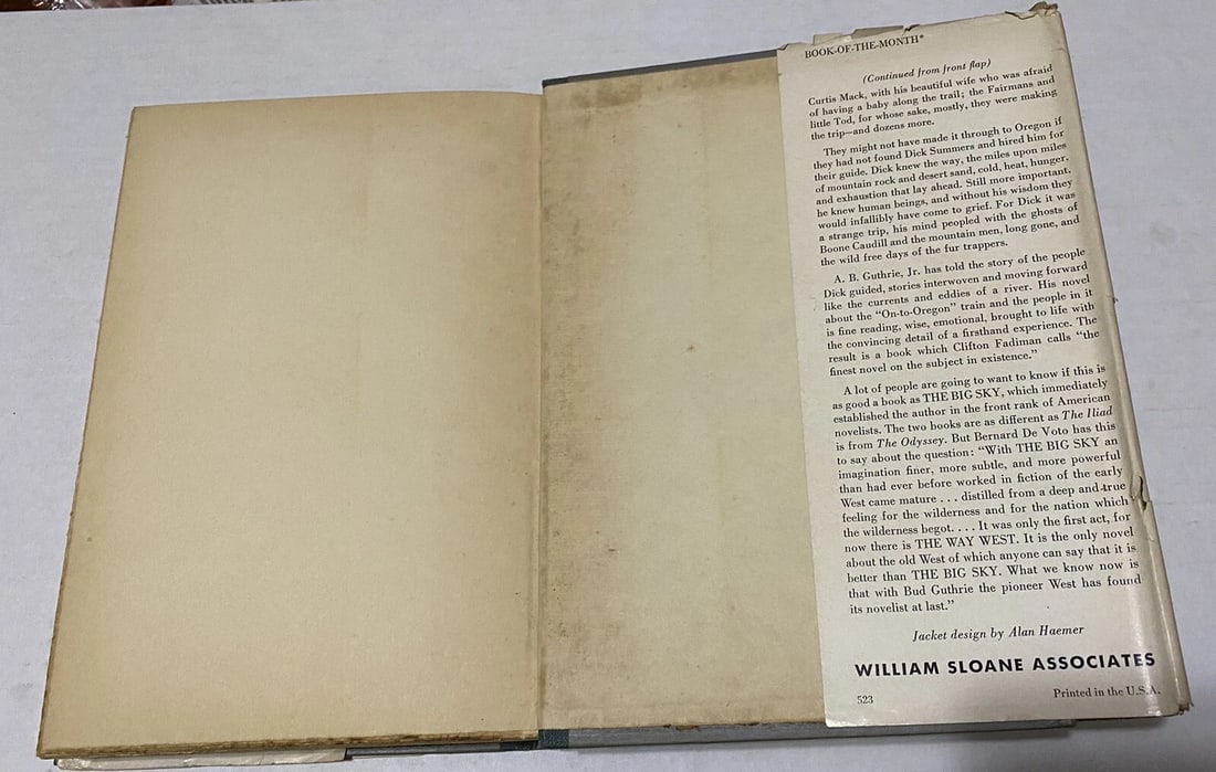 THE WAY WEST by A.B. Guthrie Jr 1949 HC/DJ 1st Edition Book Club - 8