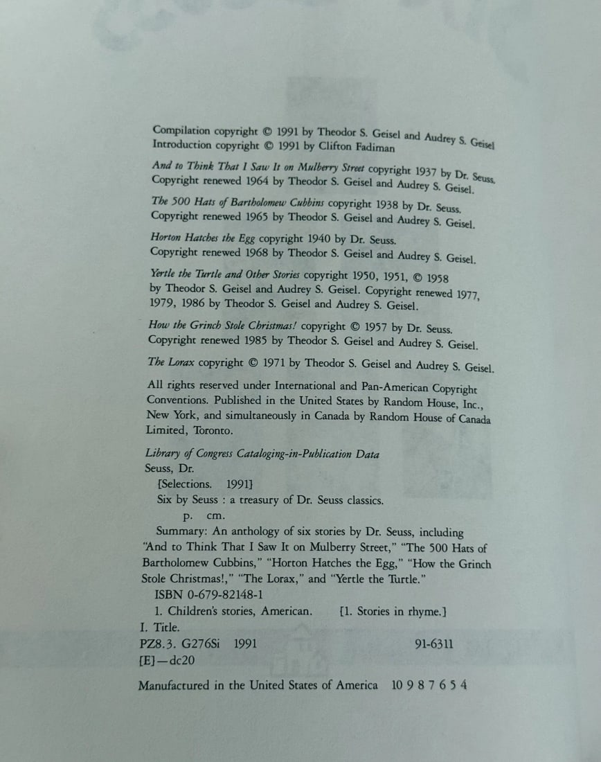 Six By Seuss A Treasury Of Dr. Seuss Classics HC 1991 1st Ed. Banned Book Random - 2