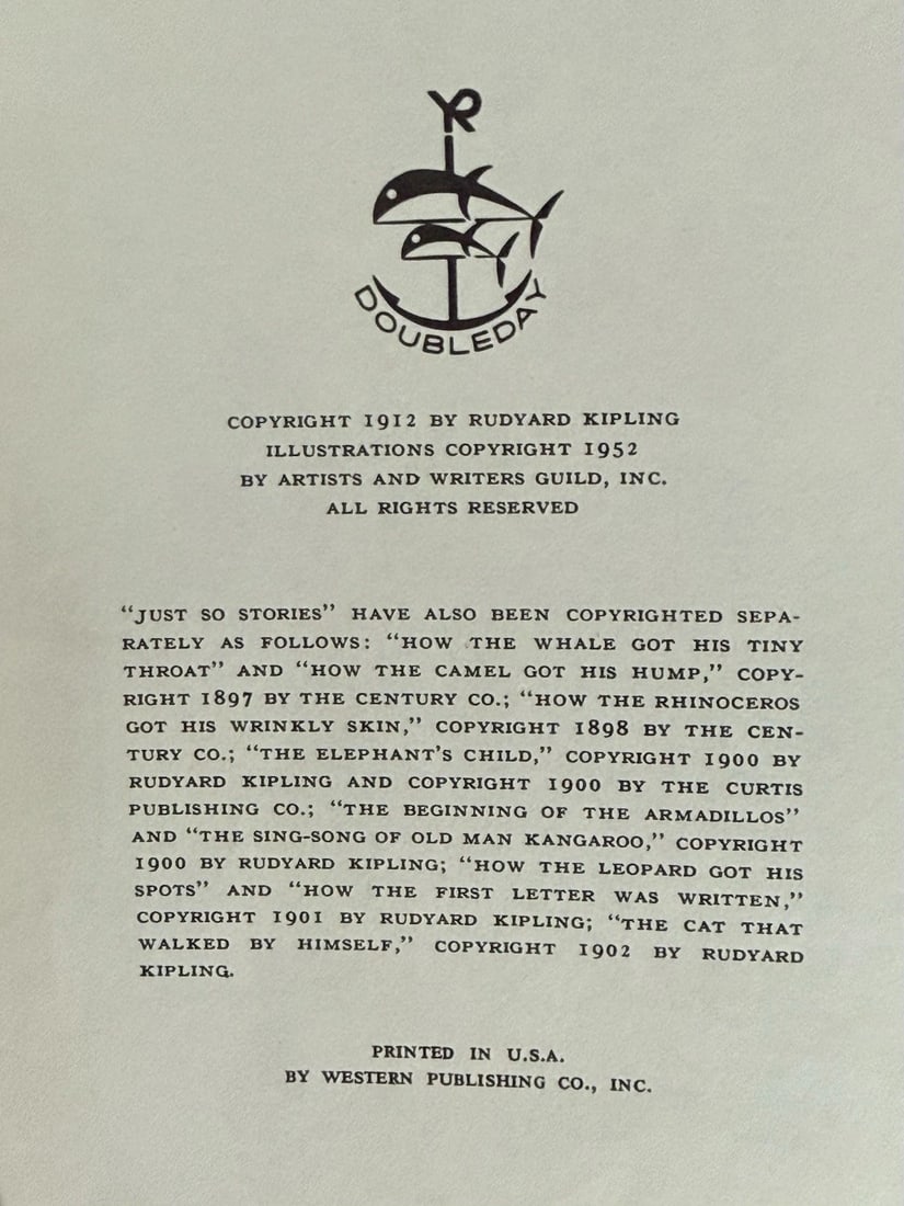 JUST SO STORIES RUDYARD KIPLING HC 1952 Doubleday Illustrated 1st Thus - 3