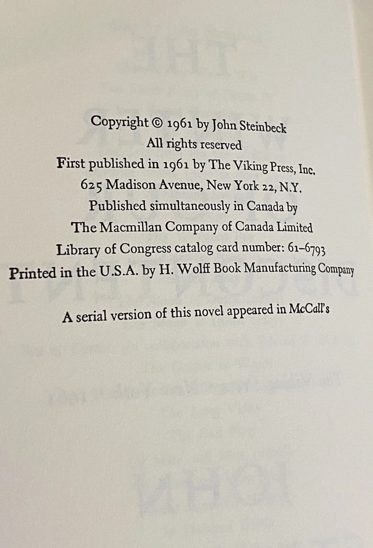 The Winter of our Discontent John Steinbeck 1961 First Edition/Print HC VG Cond. - 4