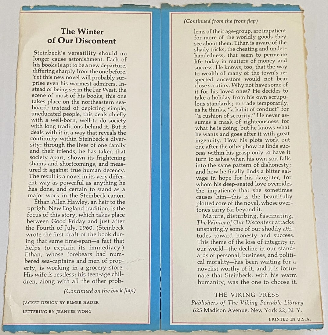 The Winter of our Discontent John Steinbeck 1961 First Edition/Print HC VG Cond. - 8