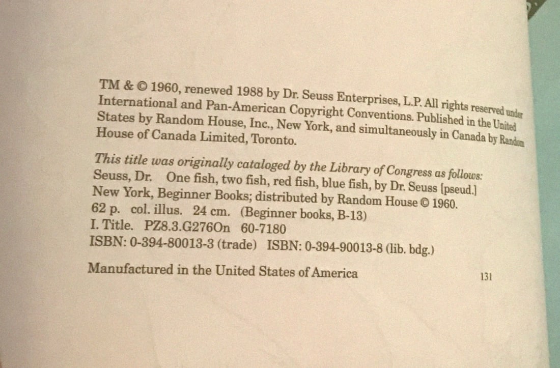 Dr Seuss One Fish Two Fish Red Fish Blue Fish 1988 Hardcover Beginner Book LOOK - 4