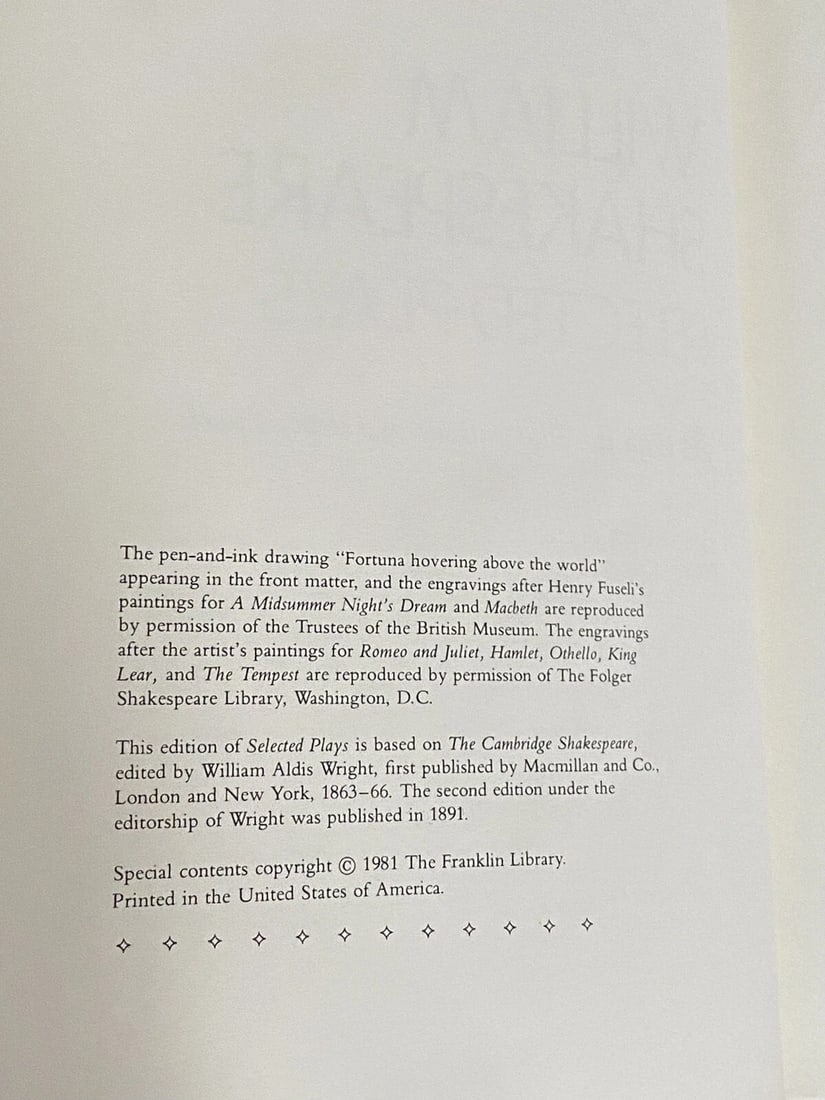 Franklin Library WmShakespeare Selected Plays 1981 1/4 Lthr Illust. Near Fine - 4