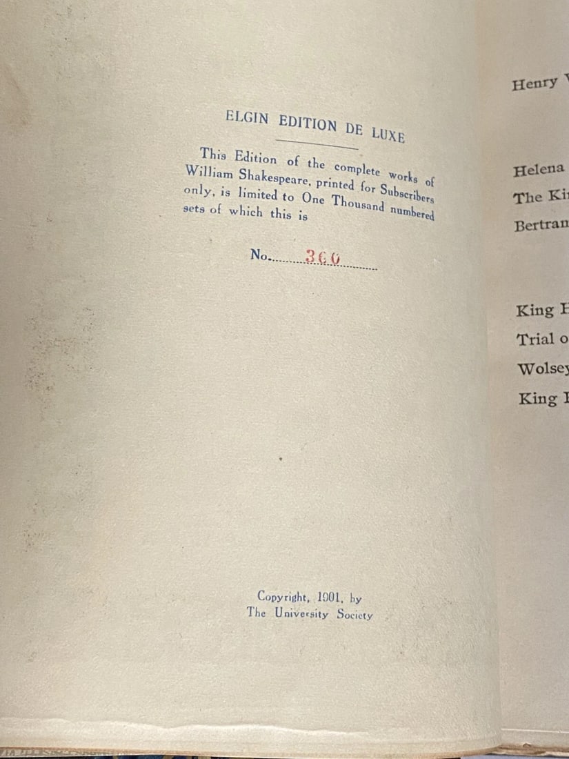 Shakespeare’s Works Elgin Ed. Deluxe Vol.IX All’sWell; HenryVIIIMorris 1901 #360 - 5