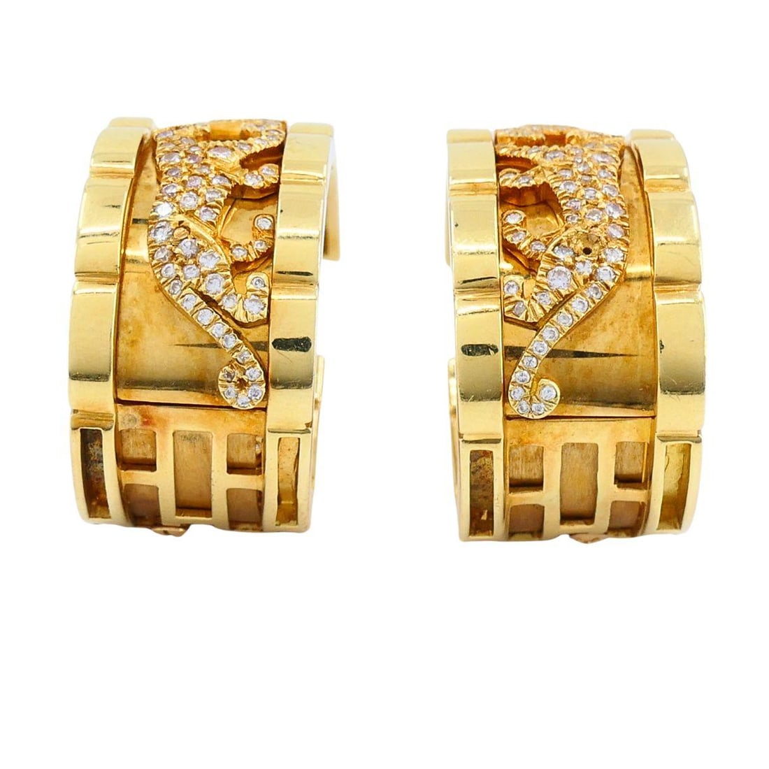 Vintage Cartier Walking Panthere 18k Gold Diamond Hoop Earrings - 12