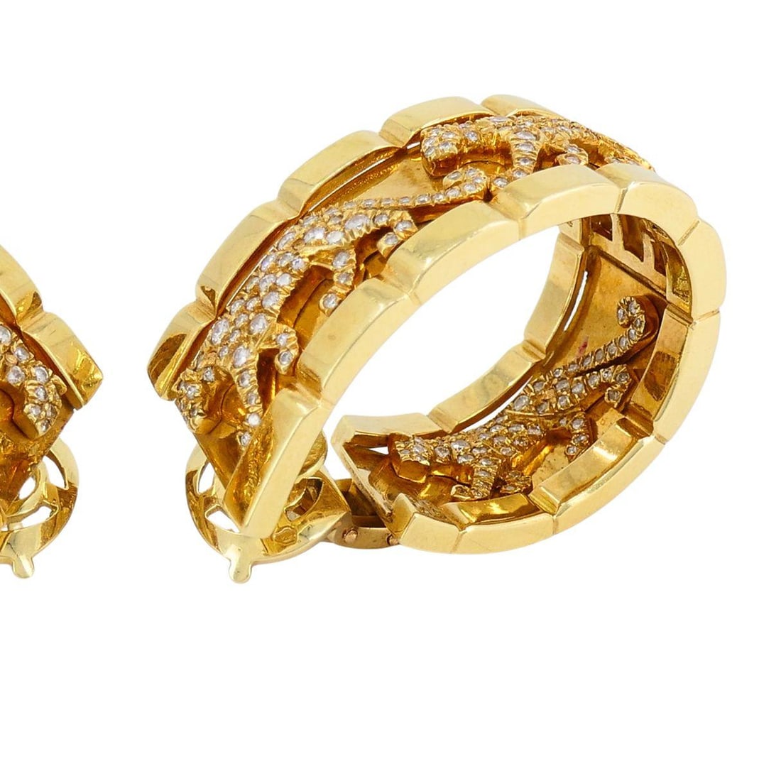 Vintage Cartier Walking Panthere 18k Gold Diamond Hoop Earrings - 18