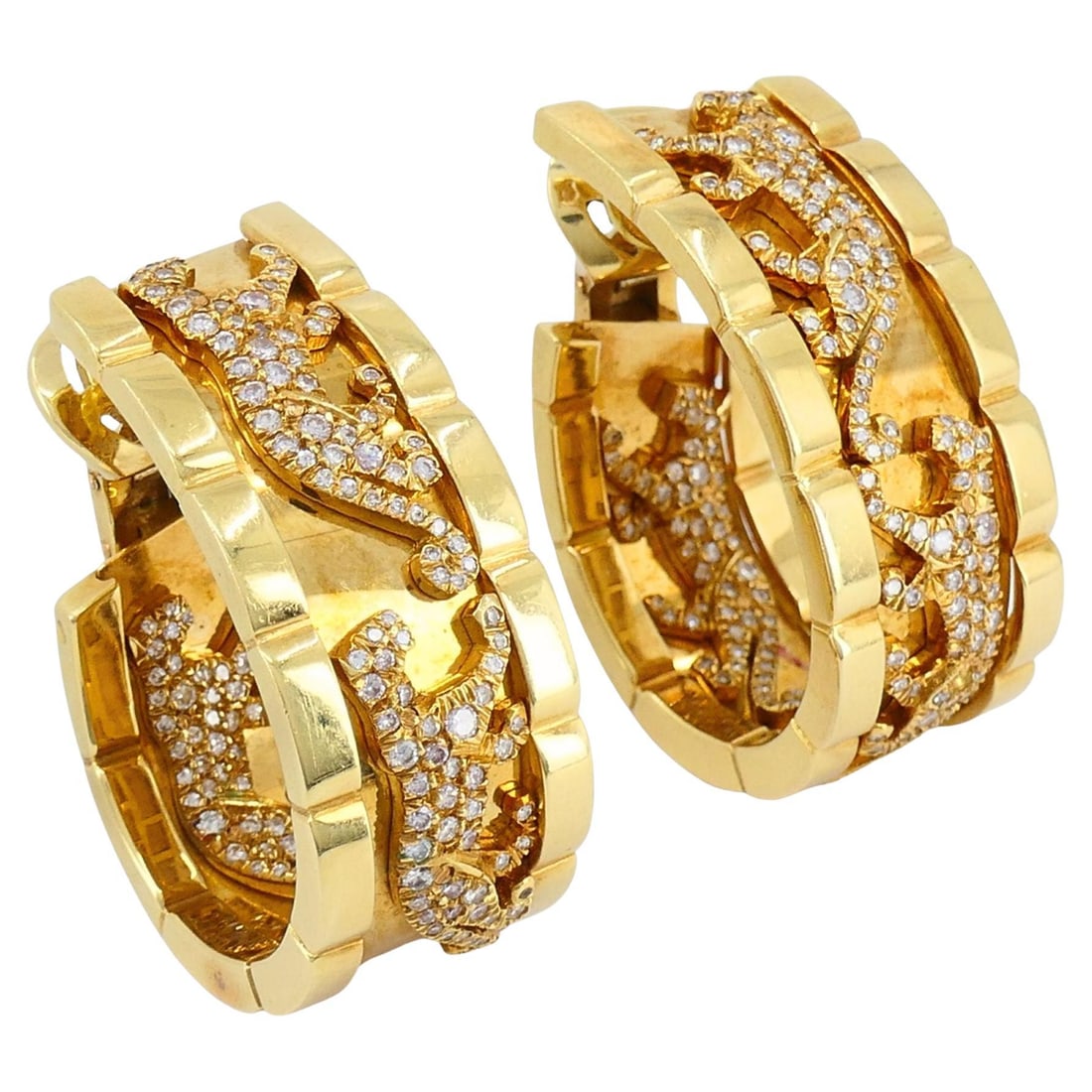 Vintage Cartier Walking Panthere 18k Gold Diamond Hoop Earrings - 7