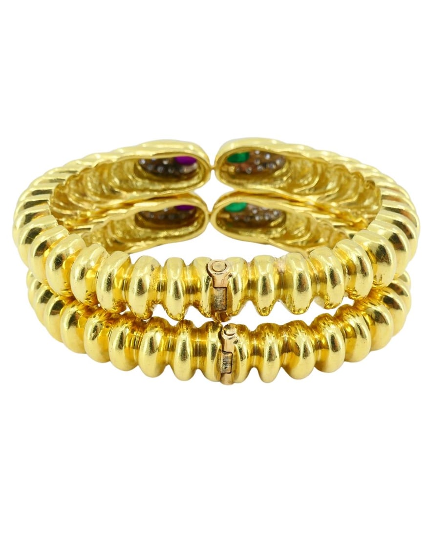 David Webb Pair of Gold Bracelets Platinum Diamond Gemstone Cabochons - 12