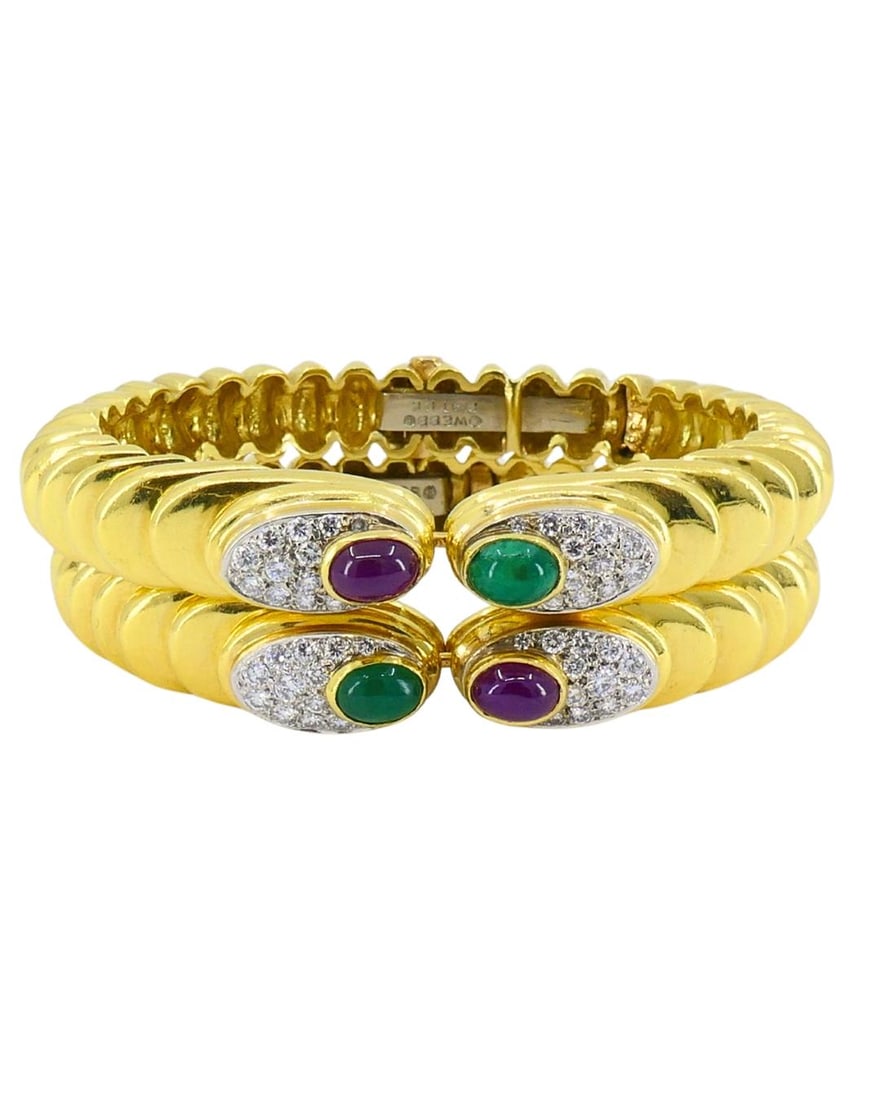 David Webb Pair of Gold Bracelets Platinum Diamond Gemstone Cabochons - 14