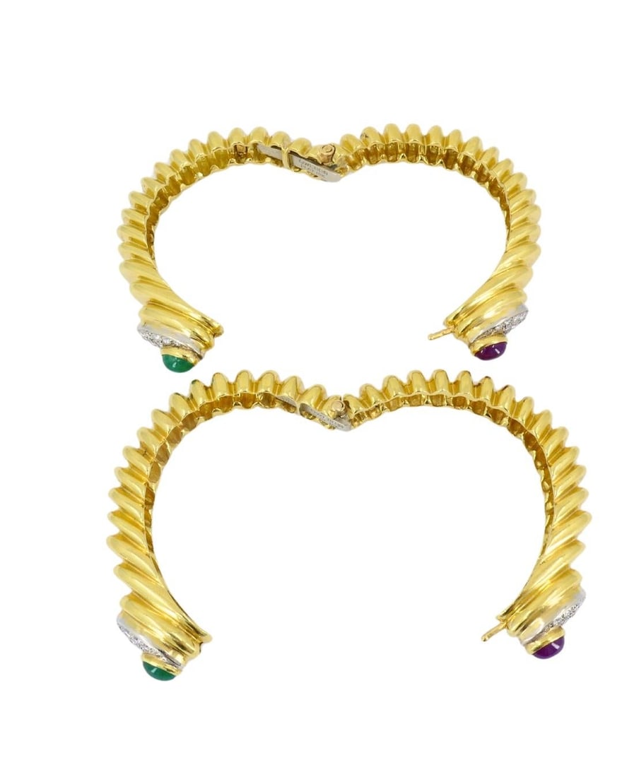 David Webb Pair of Gold Bracelets Platinum Diamond Gemstone Cabochons - 19