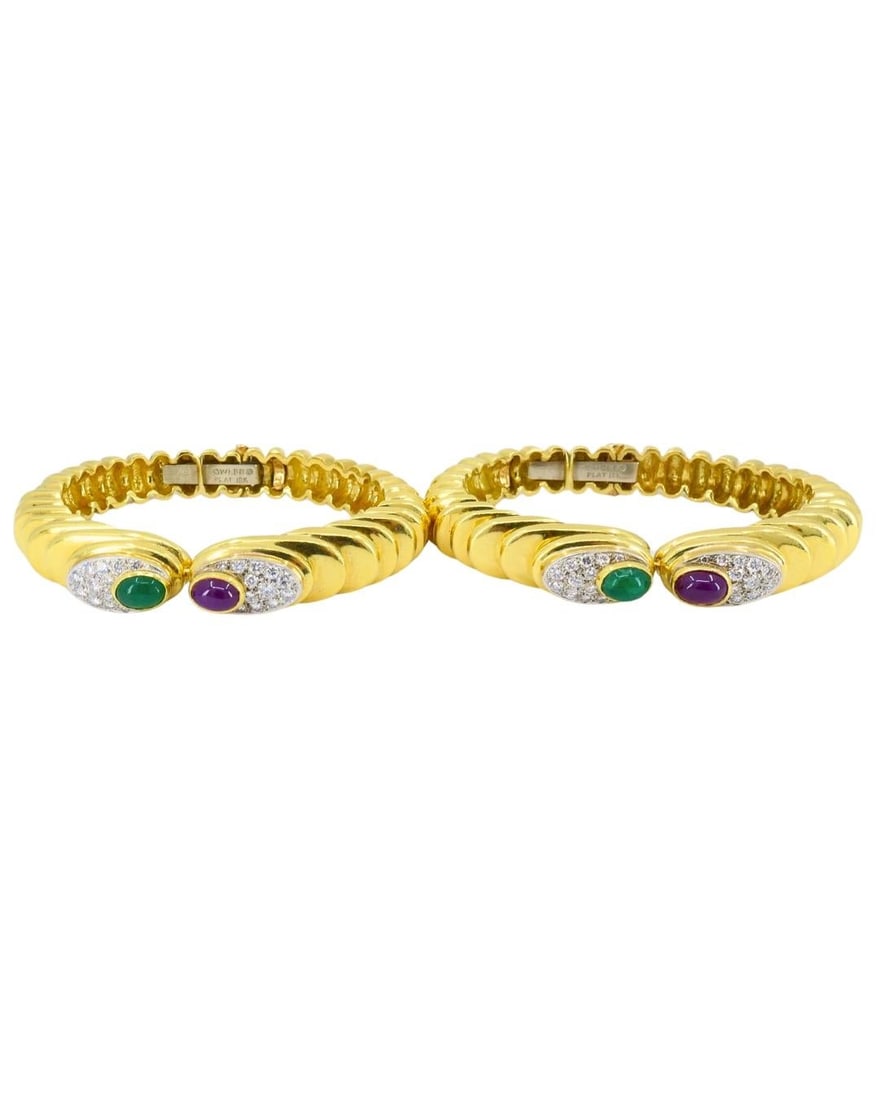 David Webb Pair of Gold Bracelets Platinum Diamond Gemstone Cabochons - 2