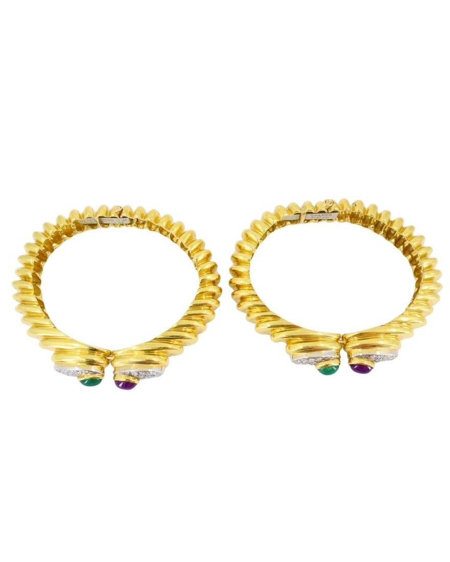 David Webb Pair of Gold Bracelets Platinum Diamond Gemstone Cabochons - 3