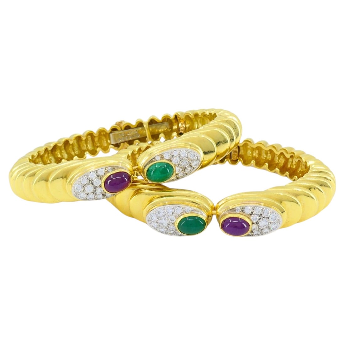 David Webb Pair of Gold Bracelets Platinum Diamond Gemstone Cabochons - 7