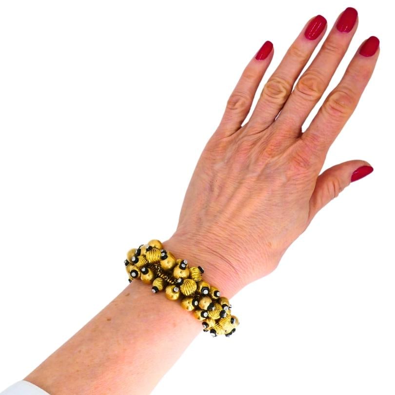 Vintage Black Onyx Gold Bead Bracelet 18k French Retro Jewelry - 6