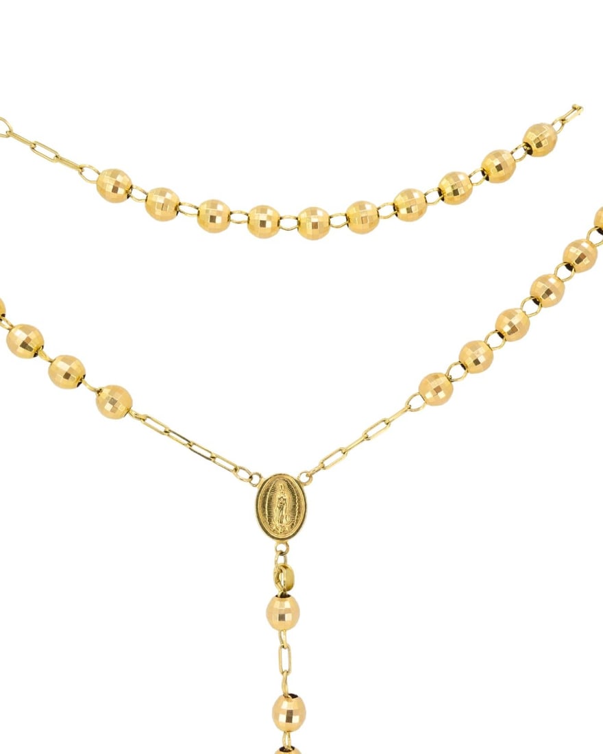 14k Gold Rosary Cross Necklace Beaded Chain - 11