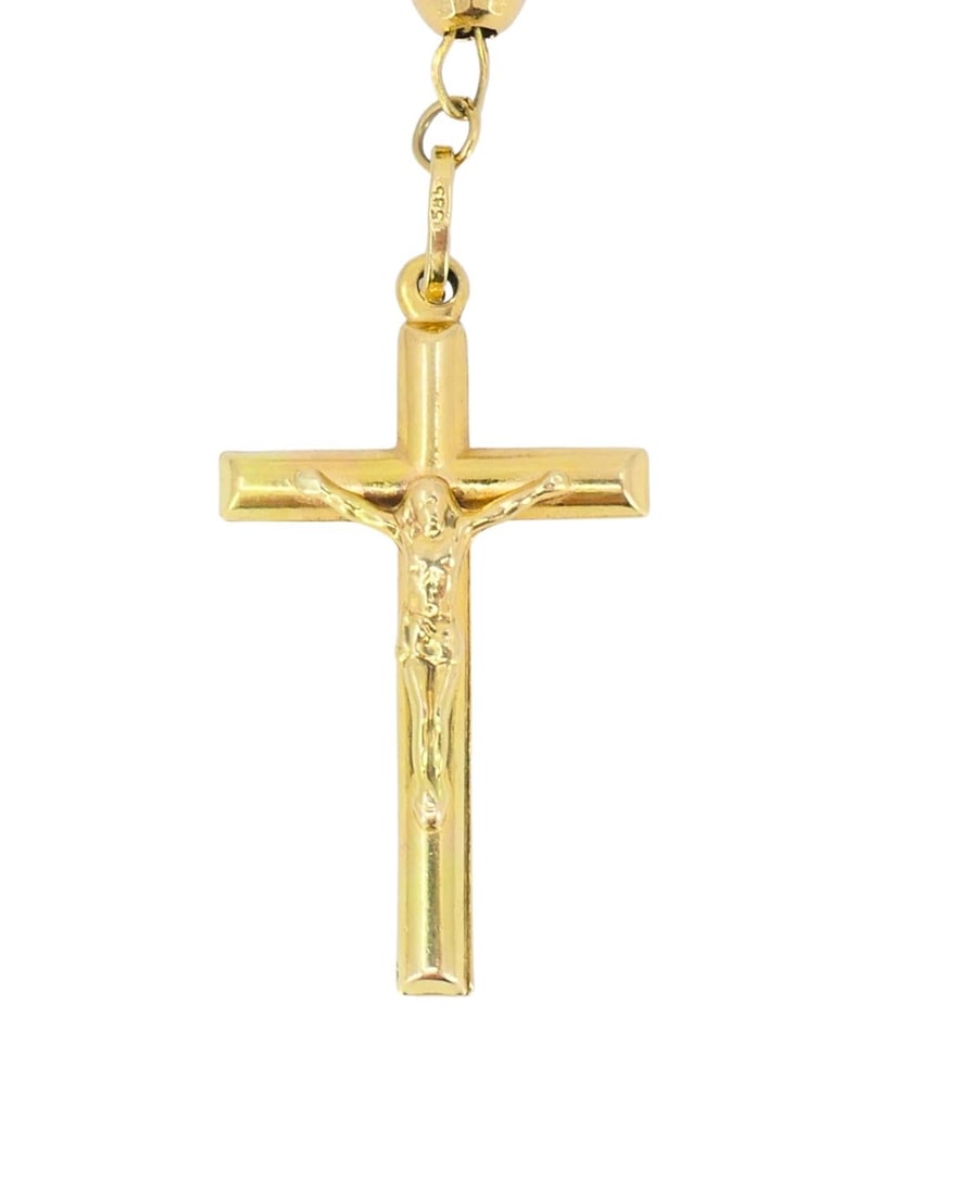 14k Gold Rosary Cross Necklace Beaded Chain - 13