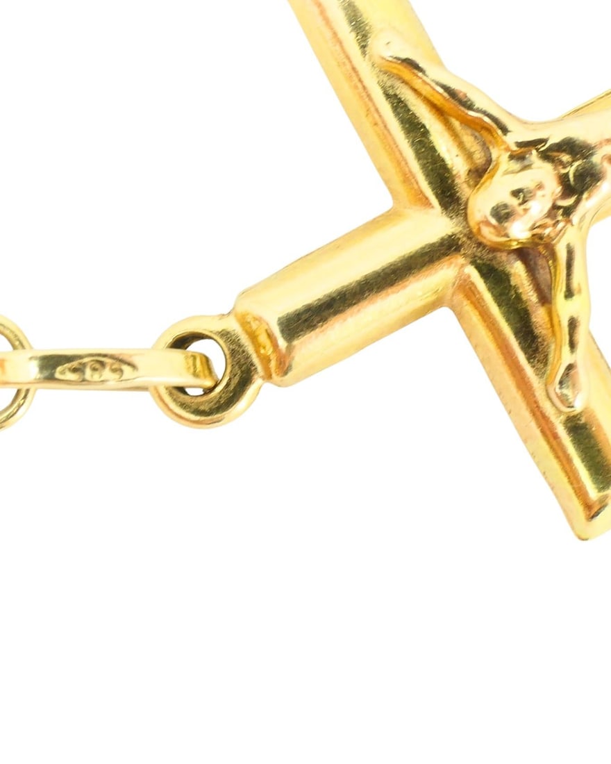 14k Gold Rosary Cross Necklace Beaded Chain - 15