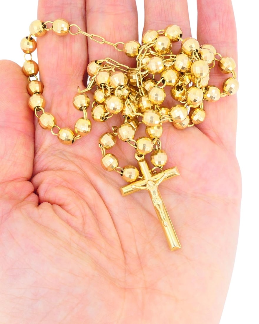 14k Gold Rosary Cross Necklace Beaded Chain - 6
