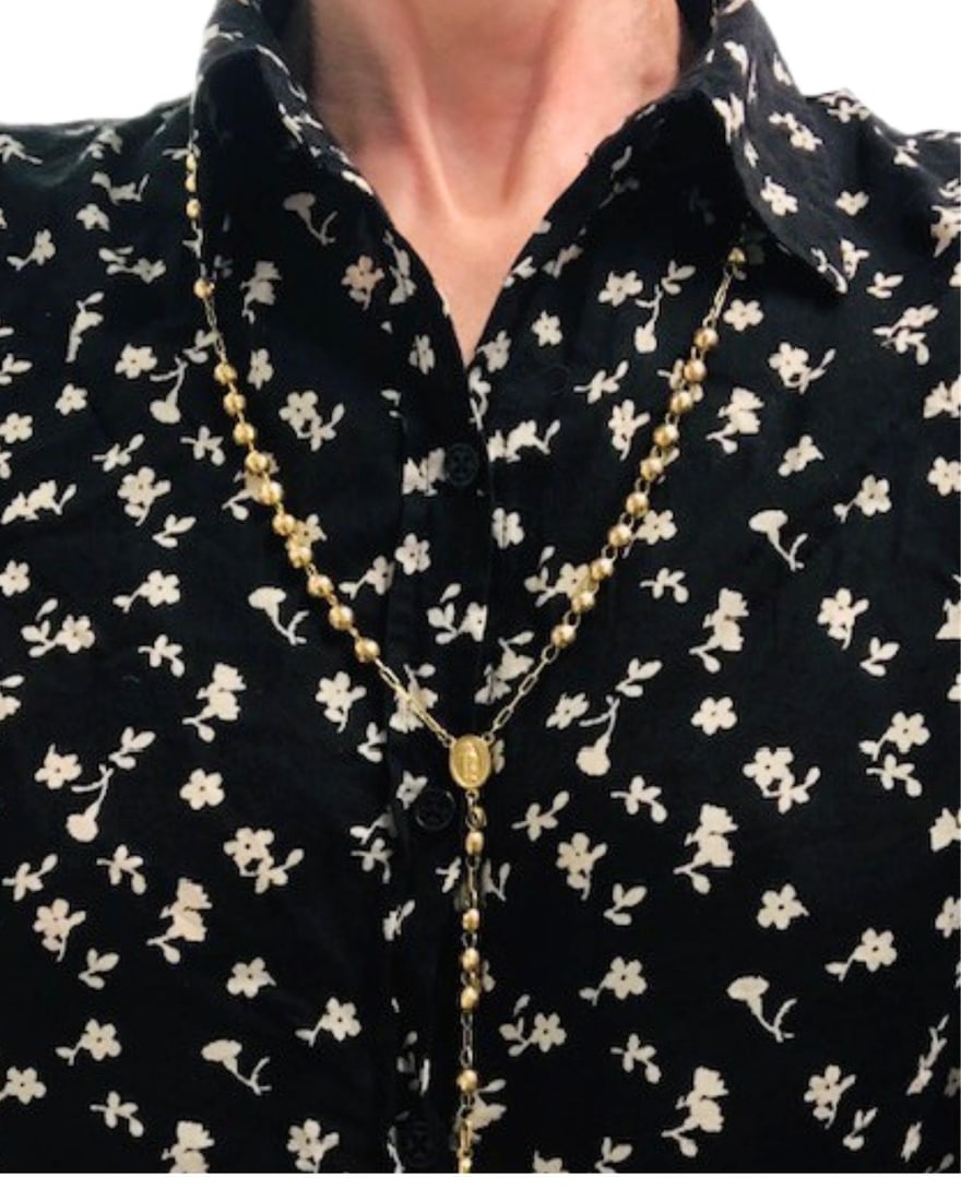 14k Gold Rosary Cross Necklace Beaded Chain - 8